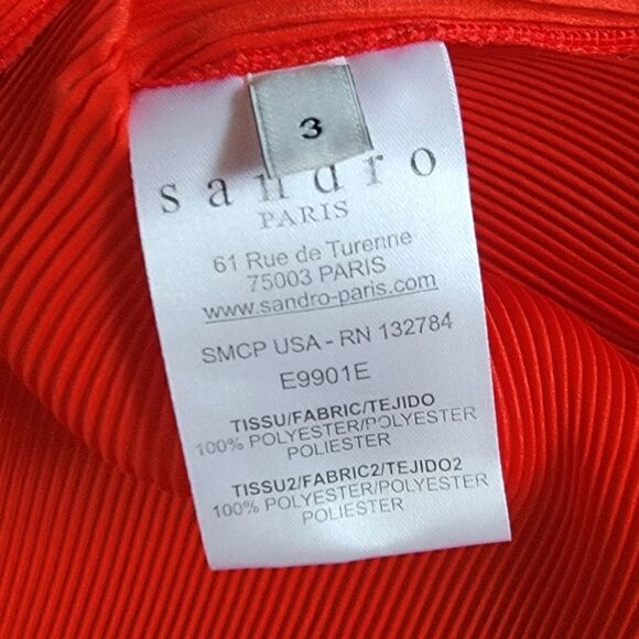 Sandro Ebba Accordion Pleat Split Hi Low Sleeveless Blouse in Red & Neon Pink - Picture 14 of 15
